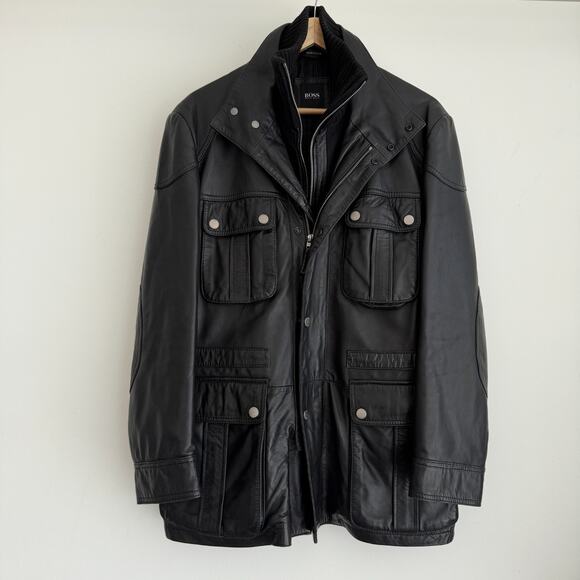 Banana Republic Other - Hugo Boss Leather Jacket Men 38R Black Goatskin Military Field Biker Safari Coat